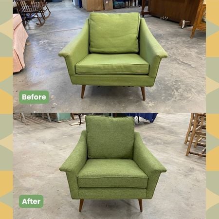 450x450 BEFORE AFTER MCM Midcentury Green Low-Profile Armchair_ upholstery_RALEIGH, NC