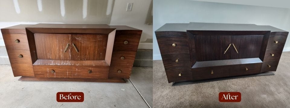 960x360_MCM Buffet Cabinet Credenza_ Before_ Medium to Dark Stain_Antique Furniture Restoration Services, Raleigh, NC