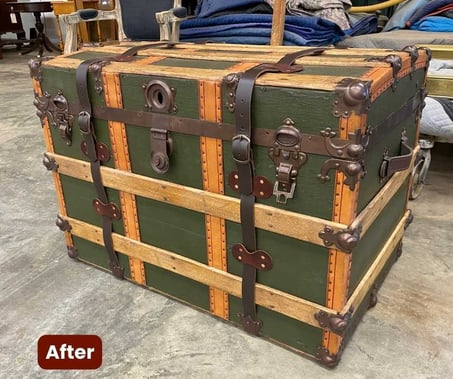 AFTER 1-Trunk with red striped straps- antique trunk restoration- raleigh, nc