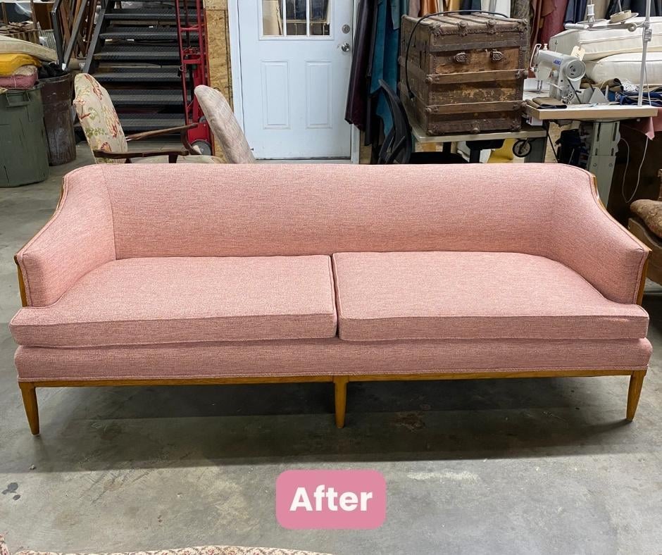 AFTER MCM Midcentury sofa couch, vintage; furniture refinishing, upholstery services; raleigh, nc