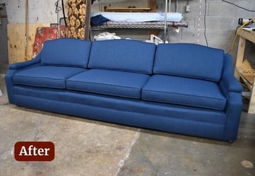 AFTER MidCentury MCM Sofa- Broken with brown upholstery to navy blue upholstery- upholstery services and furniture repair- raleigh, nc