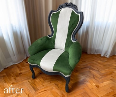 AFTER Victorian-era Antique chair_White to Green with white stripe_modernize antiques_upholstery services