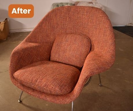 AFTER- MCM Midcentury Modern Womb Chair_ pink to orange upholstery; furniture restoration; raleigh, nc