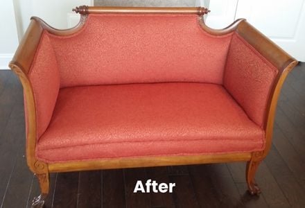 AFTER_Antique Small 2-person Settee_RED and gold pattern to red- upholstery services, raleigh, nc