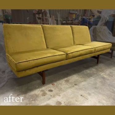 After _ Beige Stripes to Green Velvet MCM Sofa Reupholstery - furniture upholstery services, raleigh, nc