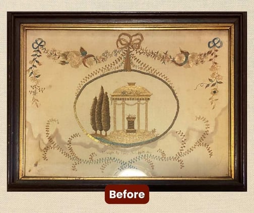 Antique Burgwin Wright Sampler Before - textile and fabric restoration
