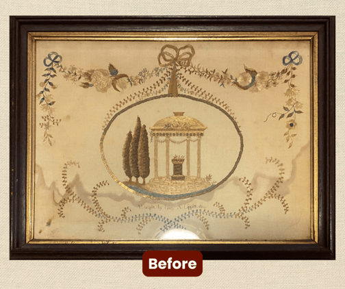 Antique Sampler Before - textile and fabric restoration
