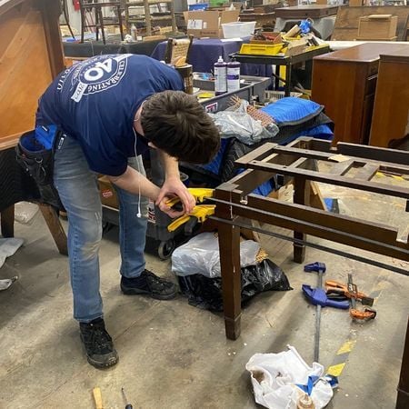 Apprentice Luke clamping and gluing table; antique repair; furniture repair; raleigh, nc