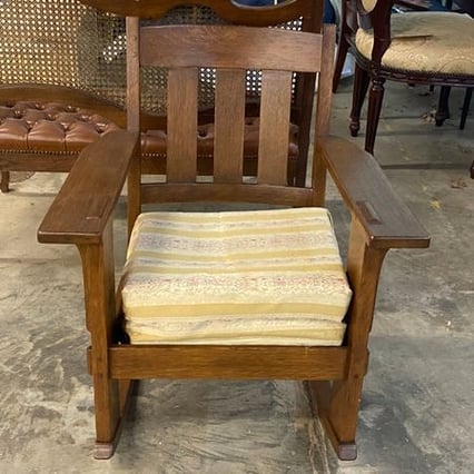 Arts and Crafts, Craftsman, Mission-style rocking chair; antique; wood furniture restoration; raleigh, nc