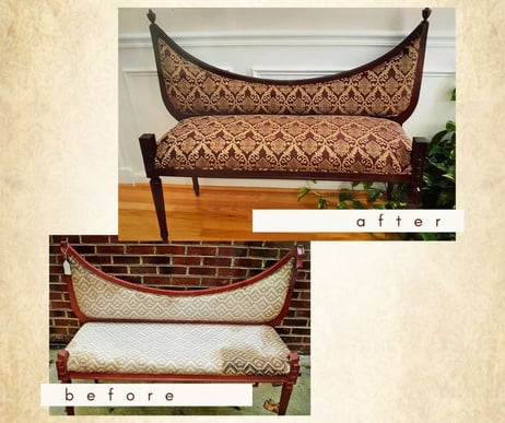 Asian-Inspired Bench_Refinished darker, upholstered in red and gold brocade: furniture refinishing and upholstery services; Raleigh, nc