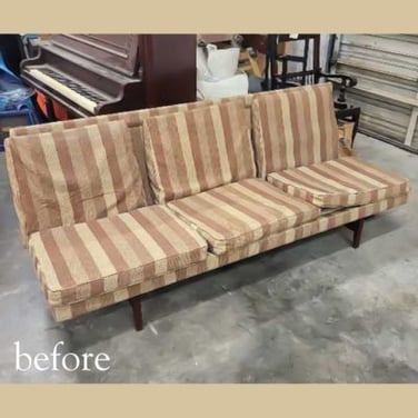 Before- Beige Stripes to Green Velvet MCM Sofa Reupholstery - furniture upholstery services, raleigh, nc