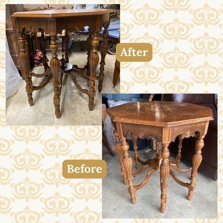 BEFORE AND AFTER Antique octagonal table; furniture refinishing services; raleigh, nc