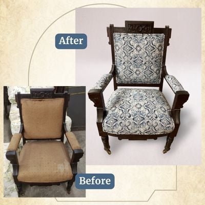 BEFORE AND AFTER_Antique Eastlake Victorian-era chair- upholstery services; raleigh, nc