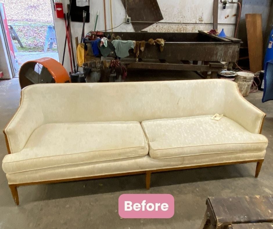 BEFORE MCM Midcentury sofa couch, vintage; furniture refinishing, upholstery services; raleigh, nc