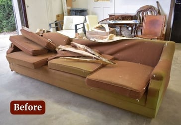 BEFORE MidCentury MCM Sofa- Broken with brown upholstery to navy blue upholstery- upholstery services and furniture repair- raleigh, nc