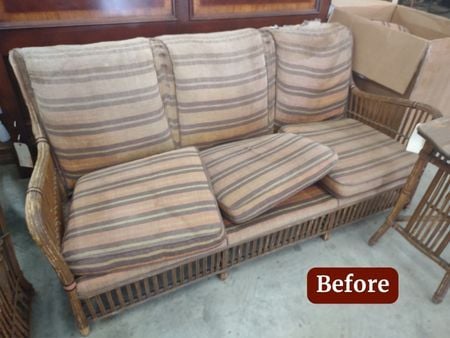 BEFORE Rattan Sofa- outdoor furniture, patio furniture- furniture restoration- raleigh, nc