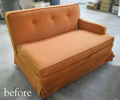 BEFORE orange to green one arm settee- mcm midcentury furniture- upholstery, services, raleigh, nc