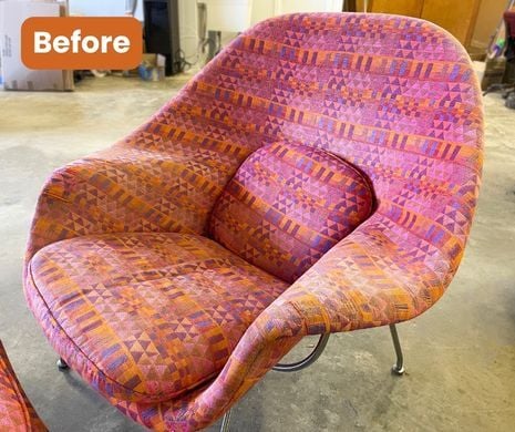 BEFORE- MCM Midcentury Modern Womb Chair_ pink to orange upholstery; furniture restoration; raleigh, nc