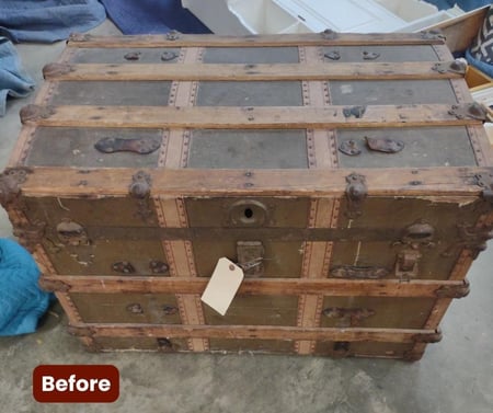 BEFORE-Trunk with red striped straps- antique trunk restoration- raleigh, nc
