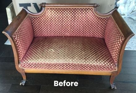 BEFORE_Antique Small 2-person Settee_RED and gold pattern to red- upholstery services, raleigh, nc