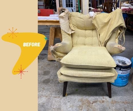 BLOG Mid-Century MCM atomic armchair BEFORE restoration and reupholstery - furniture refinishing and upholstery services