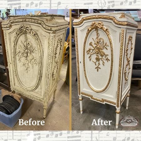 Before and After Antique Music Cabinet- beige to white with gold accents_ antique furniture restoration and repair_raleigh, nc(1)