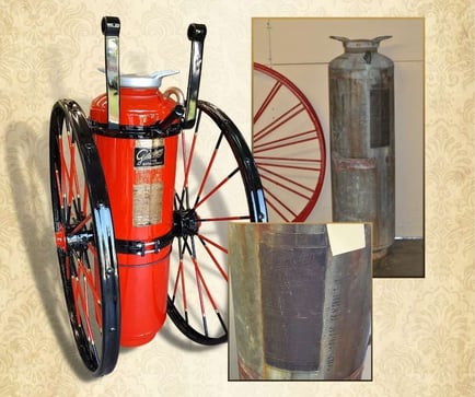 Before and After Antique Wheeled Fire Extinguisher- Metal Restoration and Refinishing Services_ Raleigh, NC
