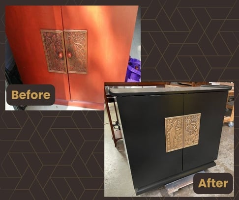 Before and After Asian cabinet- wood grain to black lacquer- furniture refinishing services, raleigh, nc