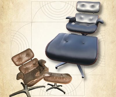 Before and After of an MCM / Midcentury Modern Eames Chair_Repair, Refinishing, and Reupholstery Services- Raleigh, NC