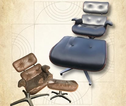 Before and After MCM Midcentury Modern Eames Chair_Repair, Refinishing, and Reupholstery Services- Raleigh, NC