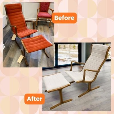 Before and After_Orange to CreamWhite MCM MidCentury Chair- Upholstery Services- Raleigh, NC(1)