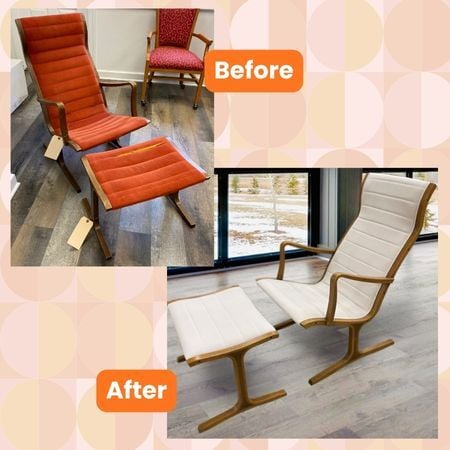 Before and After_Orange to Cream White MCM MidCentury Vintage Chair- Upholstery Services- Raleigh, NC(1)