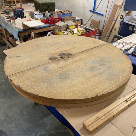 Chipped and damaged veneer; oak dining table; furniture refinishing; raleigh, nc