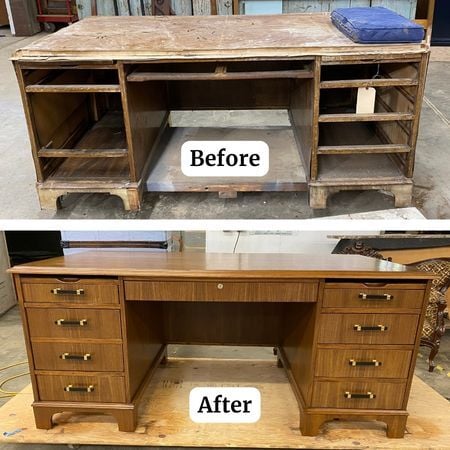 Complete Desk Restoration; before and after; furniture repair; raleigh, nc