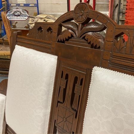 Detail of eastlake settee, antique refinishing; victorian era furniture, raleigh, nc