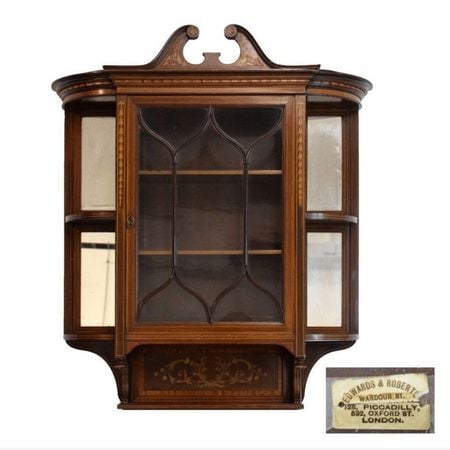 Edwards & Roberts, Queen Anne Revival Swan Neck Inlaid Mahogany Wall Cabinet; antique furniture; victorian furniture