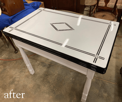 Enamel Top Table after metal restoration and wood refinishing- metal and wood restoration