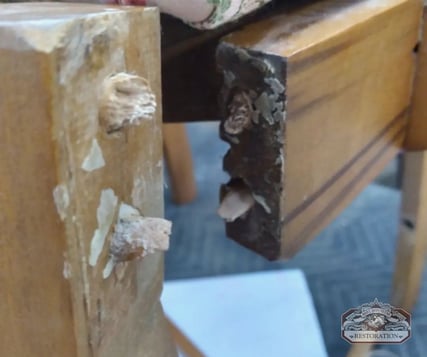 Example of a Broken Joint in the chair leg and apron of an art deco chair- antique furniture repair services_ raleigh, nc
