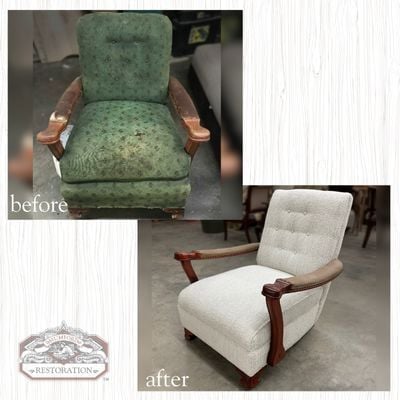 Green to White Antique Chair Reupholstery-Leather Arms- furniture reupholstery services, raleigh, nc