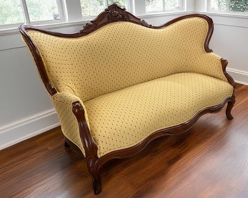 Iconic Victorian-era Settee after its first restoration- yellow dotted fabric - upholstery services, raleigh, nc