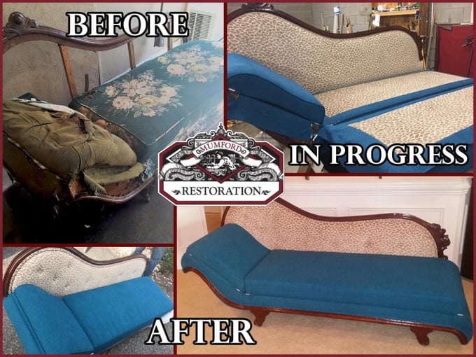 before and after of blue chaise lounge with back