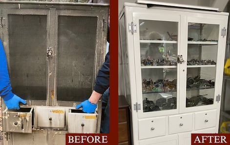 The image features an antique metal doctor's cabinet that was covered in soot and dirt from a house fire. The after image shows the cabinet after Mumford Restoration's furniture restorers cleaned and refinished it.