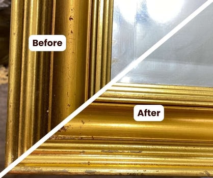 Luminosity after cleaning- A test spot- gilded mirror cleaning- art restoration services, raleigh, nc