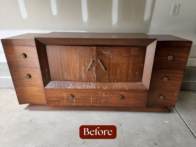 MCM Buffet Cabinet Credenza_ Before_ Medium to Dark Stain_Antique Furniture Restoration Services, Raleigh, NC(1)