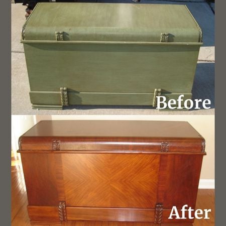 Painted Cedar Trunk to Refinished_ before and after; antique wood refinishing; raleigh, nc