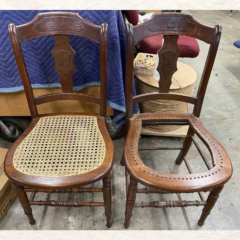 Pair of Caned Chairs - before and after caning- chair caning and seat weaving