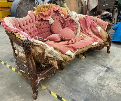 Pink Tufted Victorian - era Settee - before; upholstery services, raleigh, nc