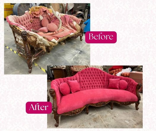 Pink Velvet Victorian-Era Tufted Settee_Before and After Restoration and Upholstery_raleigh, nc (Facebook Post)