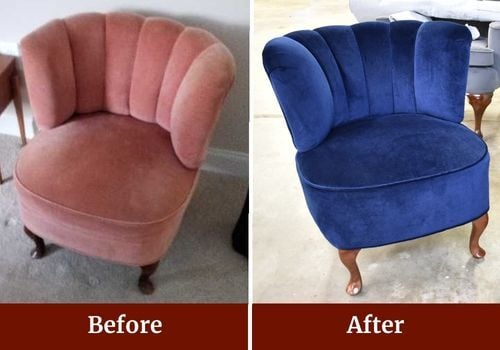 Pink to Blue Upholstered Chair, before and after- reupholsetry and upholstery services(1)