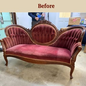 Red Velvet Settee before reupholstery - upholstery services, raleigh, nc